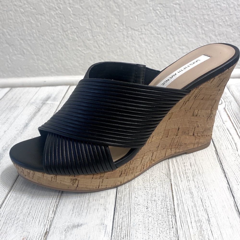 New-Saks Fifth Avenue Black Cork Heel Sandal Wedges